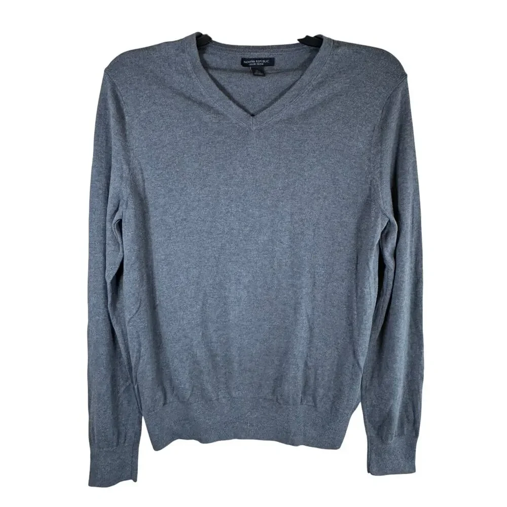 Banana Republic Silk Cashmere V Neck Sweater Men's Large Gray Classic Luxury